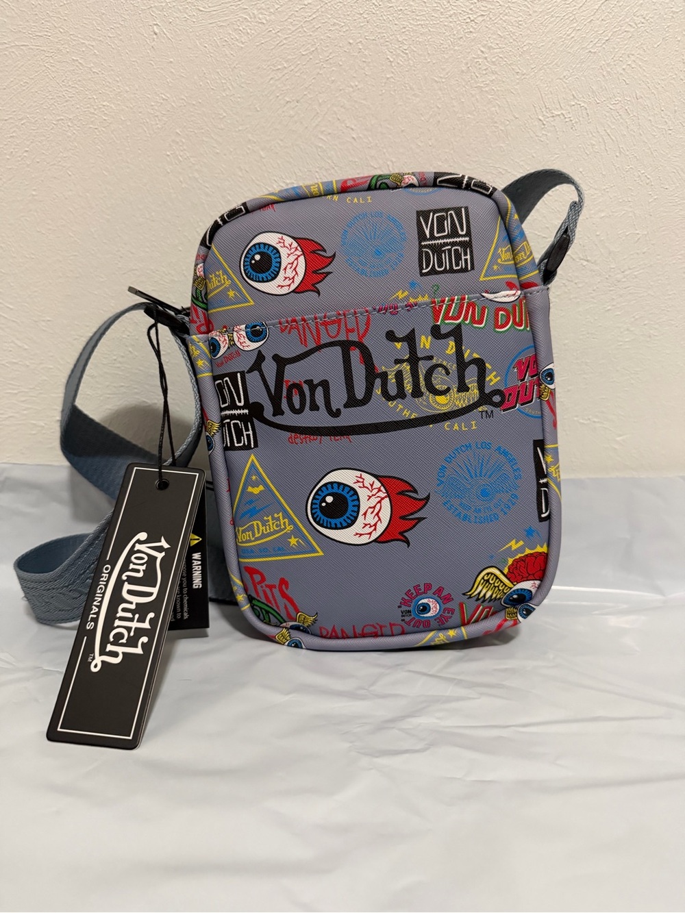 Von Dutch Grey Flying Eyeball Graphic Print Crossbody Bag
